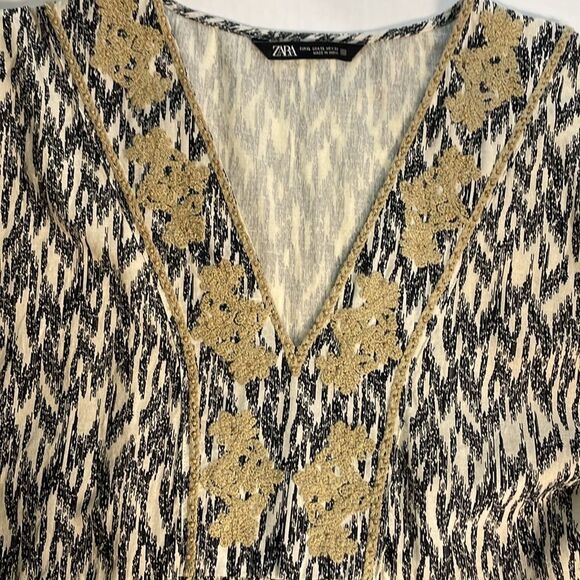 Zara Black and Off-white Dress with Embroidery and Beading Cotton/Linen Blend XL - Picture 9 of 15